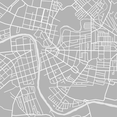 Şehir haritası. Hat parkı ve nehri olan şehir sokakları. Şehir merkezindeki GPS navigasyon planı, soyut ulaşım şeması. Çizim şeması kasabası, gri arka planda beyaz çizgi yolu. Şehir deseni dokusu