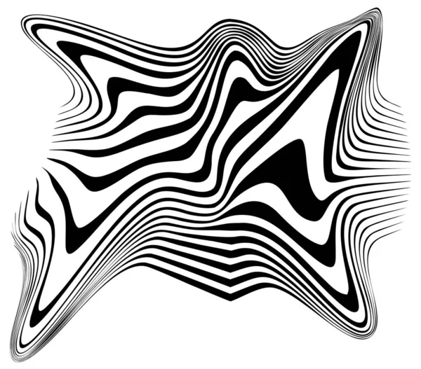 抽象催眠波状パターン 縞模様が歪んでいる 黒と白のデジタルリップル グリッチ効果の背景 光アート錯視ベクトルイラスト — ストックベクタ