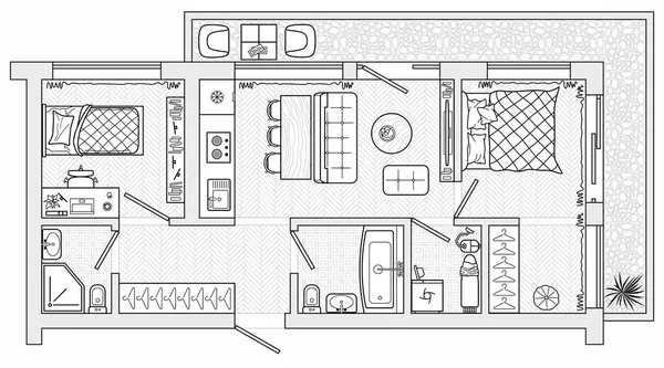 Plan Étage Vectoriel Projet Architectural Maison Intérieure Ensemble Icônes Ligne — Image vectorielle