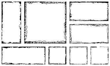 Bir dizi grunge square çerçevesi. Boş sınır arkaplanı. El siyah beyaz mürekkep çeker. Hasarlı kenar vintage şablonu. Fırça darbesi vektörü.