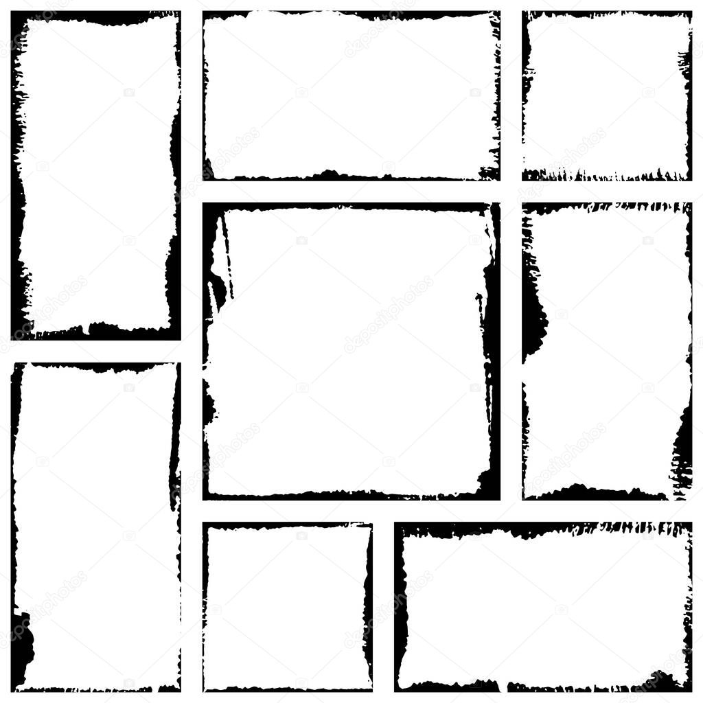 Set of vector rectangles frames for image with distress texture . Grunge black and white borders with crack and scratch effects, isolated on white background.  