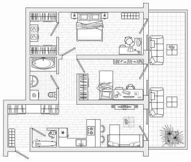 Dairelerin kat planı. Mimari planlarda kullanılan standart ev mobilyası sembolleri. Ev planlama simgesi seti, grafik tasarım elemanları. Büyük bir daire, en iyi manzara planı. Vektör planı