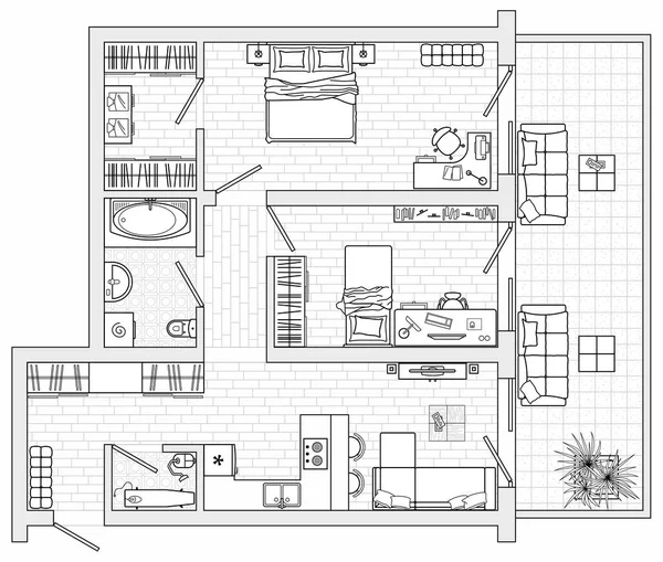 Plan Apartamentów Piętrze Standardowe Symbole Mebli Domowych Stosowane Planach Architektonicznych — Wektor stockowy