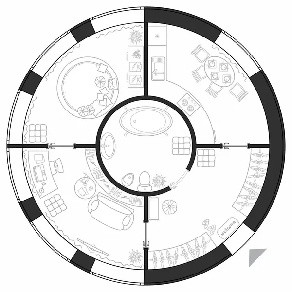 Архитектурный План Круглой Однокомнатной Квартиры Кухней Спальней Маленький Дом Видом — стоковый вектор