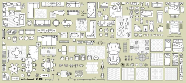 Andar Ícones Plano Definido Para Design Interiores Projeto Arquitetônico Vista — Vetor de Stock