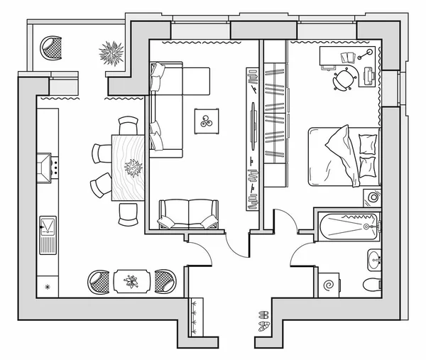 Architektonische Gestaltung Des Hauses Grundriss Draufsicht Mit Möbelplatzierung Küche Schlafzimmer — Stockvektor