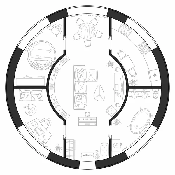 Plano Una Casa Redonda Con Distribución Muebles Dibujo Interior Blanco — Archivo Imágenes Vectoriales