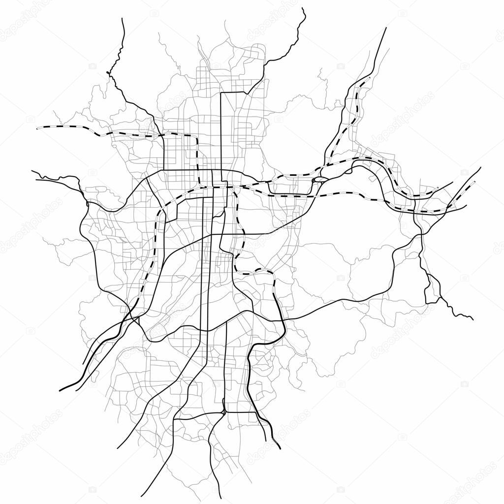 Kyoto city map (Japan) - town streets on the plan. Monochrome line map of the  scheme of road. Urban environment, architectural background. Vector 