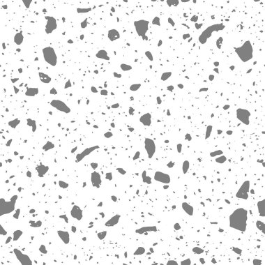 Terrazzo döşemesi siyah ve beyaz pürüzsüz desen. Taş parçalı Trencadis dokusu. Duvarlar, mermer parçalar, doğal taş, kuvars, geri dönüşümlü cam ve beton. Vektör arkaplanı