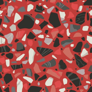 Terrazzo seamless pattern. Tile with pebbles and stone. Abstract texture background for wrapping paper, wallpaper, terrazzo flooring black and red colors. Vector