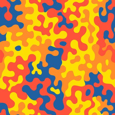 Fashionable camo, seamless colorful pattern for your design. Bright yellow orange and blue coloring camouflage, modern fabric print. Abstract repeating wallpapers. Vector texture
