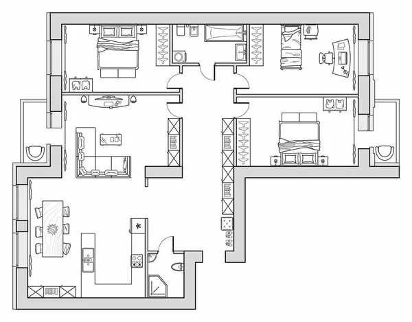 Plan House Furniture Layout Interior Drawing Black White Top View — Archivo Imágenes Vectoriales