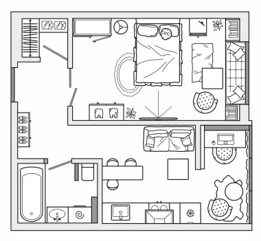 Mutfak ve yatak odası olan stüdyo dairesinin mimari planı. Küçük ev manzaralı. Mobilya döşenmiş kat planı. İç dizayn projesi. Vektör