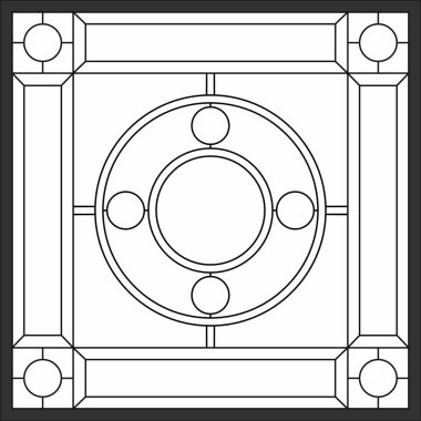 Kare çerçeveli lekeli cam, kare çerçeveli tavan penceresi, simetrik bileşim, pencere için vektör illüstrasyon paneli. Özet kopyası