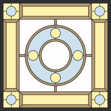 Tavan panelleri boyalı cam pencere. Soyut çiçek, kare çerçevede girdap ve yapraklar, geometrik süs, simetrik kompozisyon, tiffany tekniği, klasik tarz. Vektör