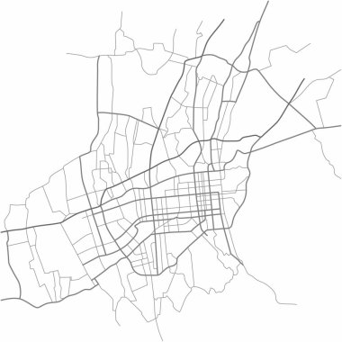 Planda Alma-Ata şehir haritası (Kazakistan) da yer alıyor. Yol şemasının tek renkli çizgi haritası. Kentsel çevre, mimari altyapı. Vektör 