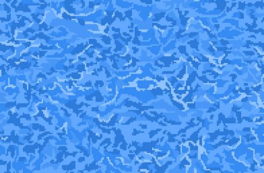 Üst görüntüde su mavisi, pürüzsüz arka plan. Pikselciler su yüzeyinin dalga ve yansımalı sanat dokusu, su çevresi duvar kâğıdı, 8 bit yüzme havuzu. Vektör illüstrasyonu