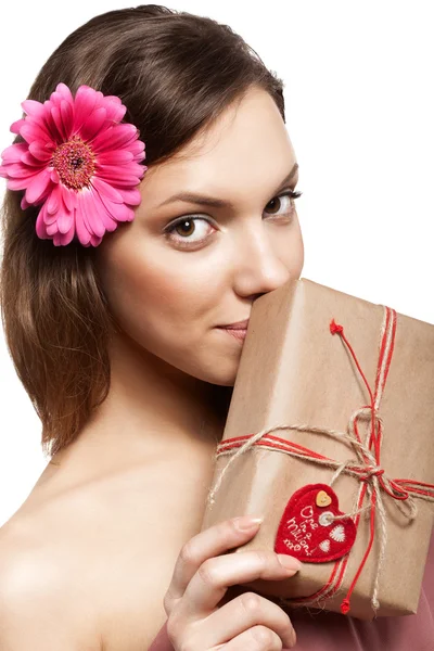 Happy woman and gift box — Stock Photo, Image