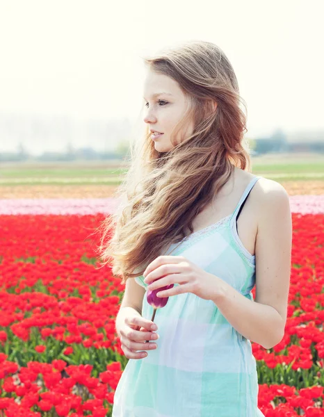 Mulher no campo de tulipa vermelha — Fotografia de Stock