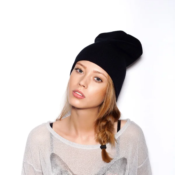 Young teenage girl in black beanie — Stock Photo, Image
