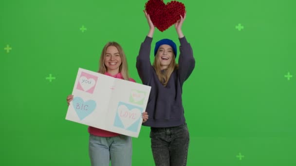 Two girlfriends are holding a paper poster and a heart-shaped card — стоковое видео