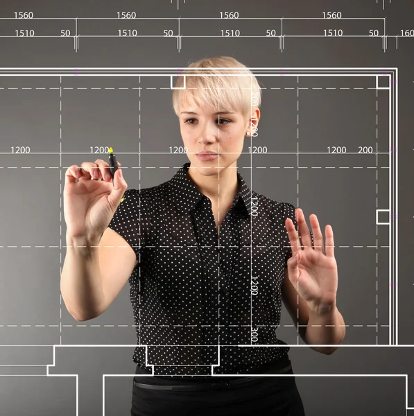 Blueprint design technical concept - girl drawing on screen — Stock Photo, Image