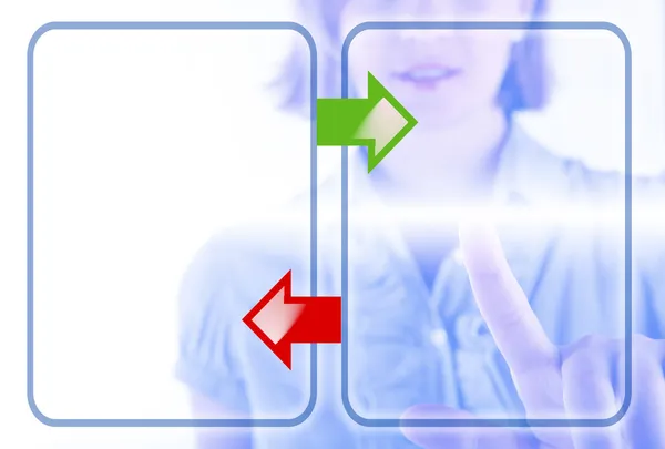 Pros and cons business concept - woman touching screen — Stock Image Pros and cons business concept - woman touching screen Stock Photo