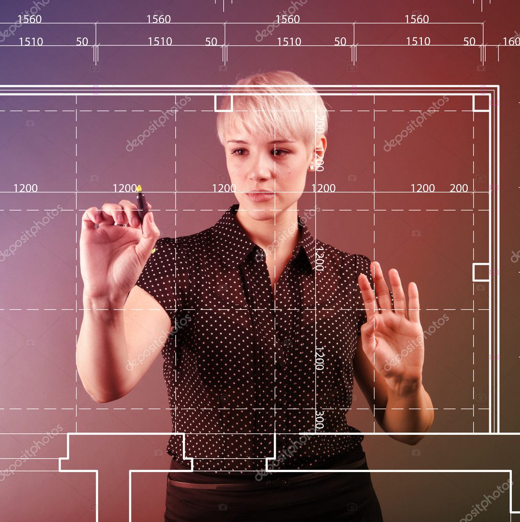 Blueprint design technical concept girl drawing on screen Stock Photo