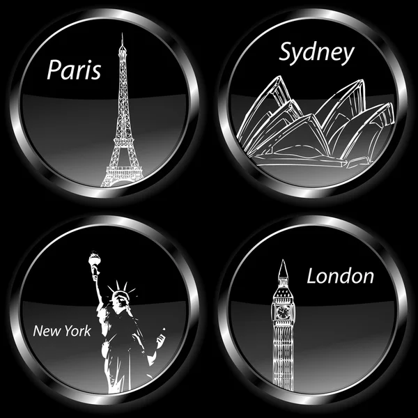 Icônes des badges de destination de voyage, avec Paris, Londres, Sydney et New York et leurs monuments — Photo