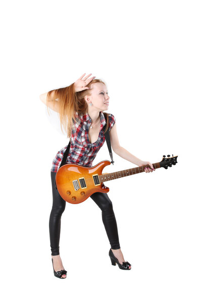 Cute girl with electric guitar isolated