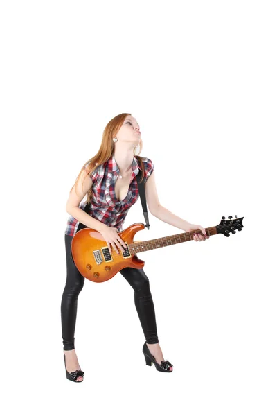 Cute girl with electric guitar isolated — Stock Photo, Image