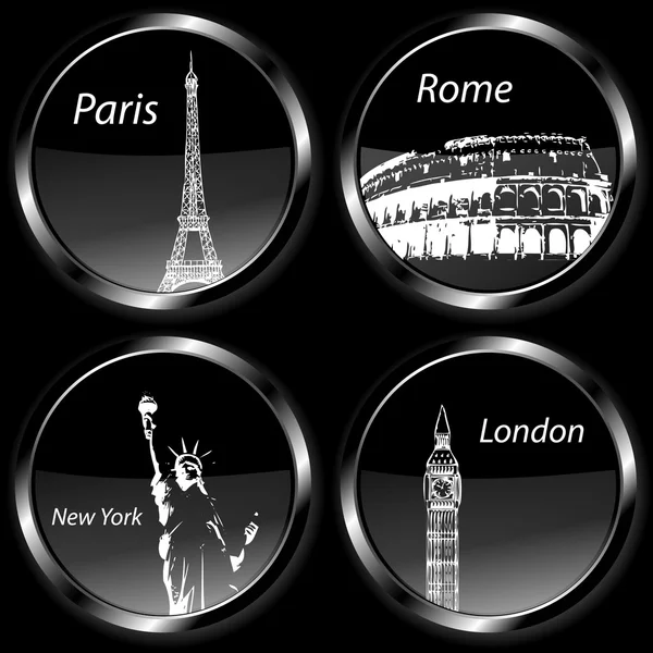 Travel destination badges icons, set with Paris, London, Rome and New York and their landmarks — Stock Photo, Image