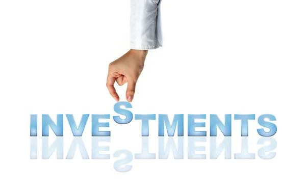 Hand and word Investments - business concept (isolated on white background) — Stock Photo, Image