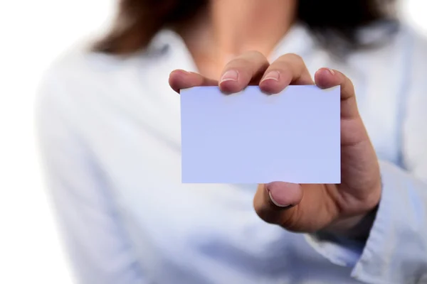 Businesswoman holding blank card — Stock Photo, Image