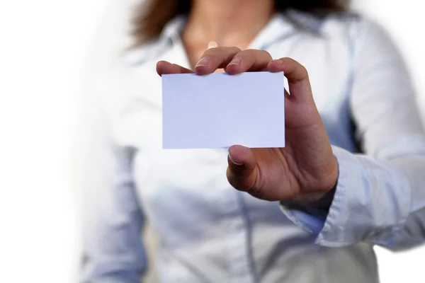 Businesswoman holding blank card — Stock Photo, Image