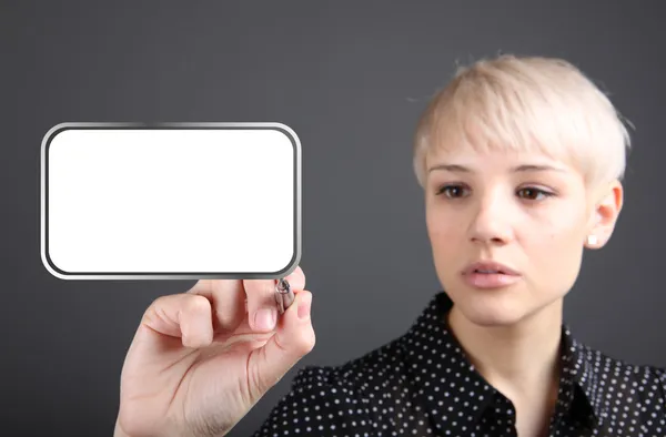 Problem solving concept - business woman touching screen — Stock Photo, Image