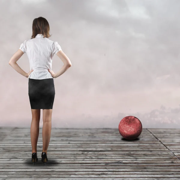 Standing beautiful brunette backside — Stock Photo, Image