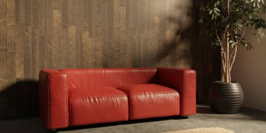 Posteri, bitkisi ve ahşap zemini olan modern bir çevre tarzı iç mekan. Ön manzara. 3d oluşturma