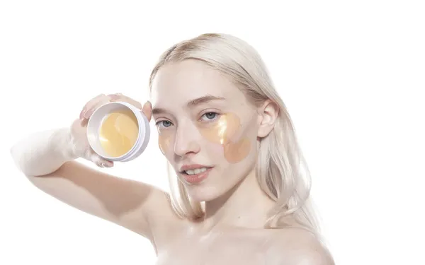 Beautiful Blonde Jar Gold Eye Patches — Stock Photo, Image