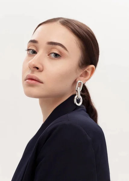 Portrait Beautiful Brunette Silver Earrings — стоковое фото