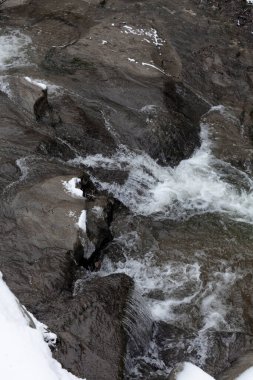 Dağ nehri kışın parkta akar.