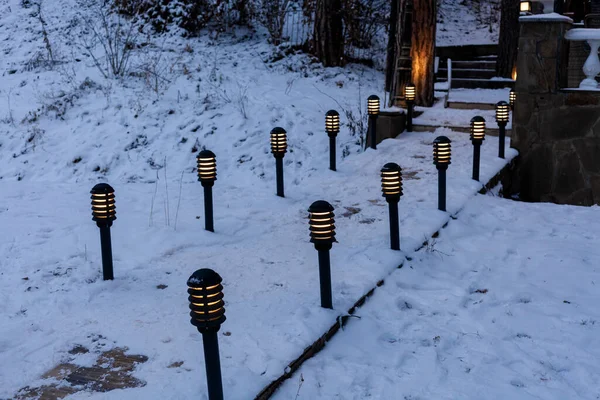 Lanterns Path Covered Snow — Photo