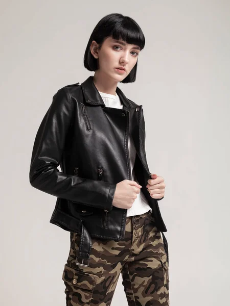 Fashionable Girl Black Leather Jacket Pants Military Style — Stockfoto