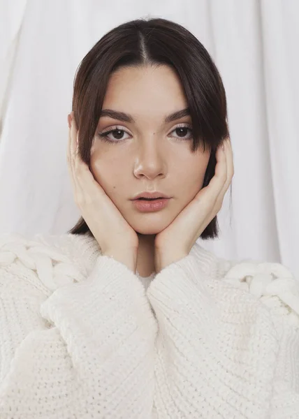 Gentle Portrait Girl Light Sweater — Stock Photo, Image