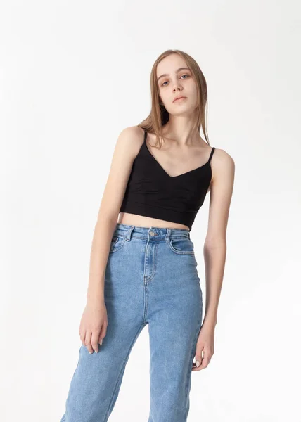 Beautiful Blonde Posing Light Jeans Black Top — Stock Photo, Image