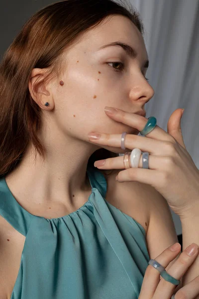 Portrait Beautiful Girl Colorful Rings — Stock Photo, Image