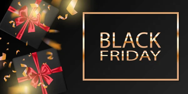 Bannière Black Friday Sale Avec Des Boîtes Cadeaux Noires Réalistes — Image vectorielle
