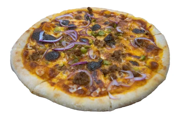 Verse Smakelijke Pizza Met Heerlijke Ingrediënten Geïsoleerd Witte Achtergrond Heerlijke — Stockfoto