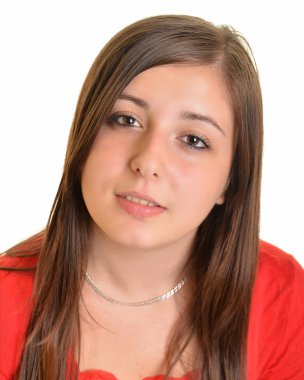 brune, üzerinde beyaz izole uzun saçları olan güzel kadın