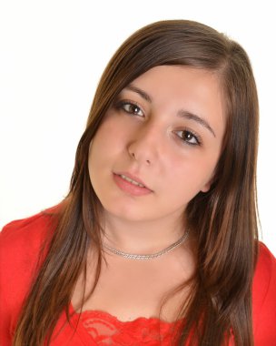 brune, üzerinde beyaz izole uzun saçları olan güzel kadın